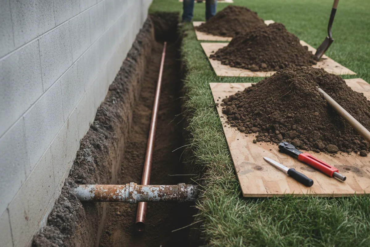 Excavated water line trench during Water Softener Installation in Dunellen